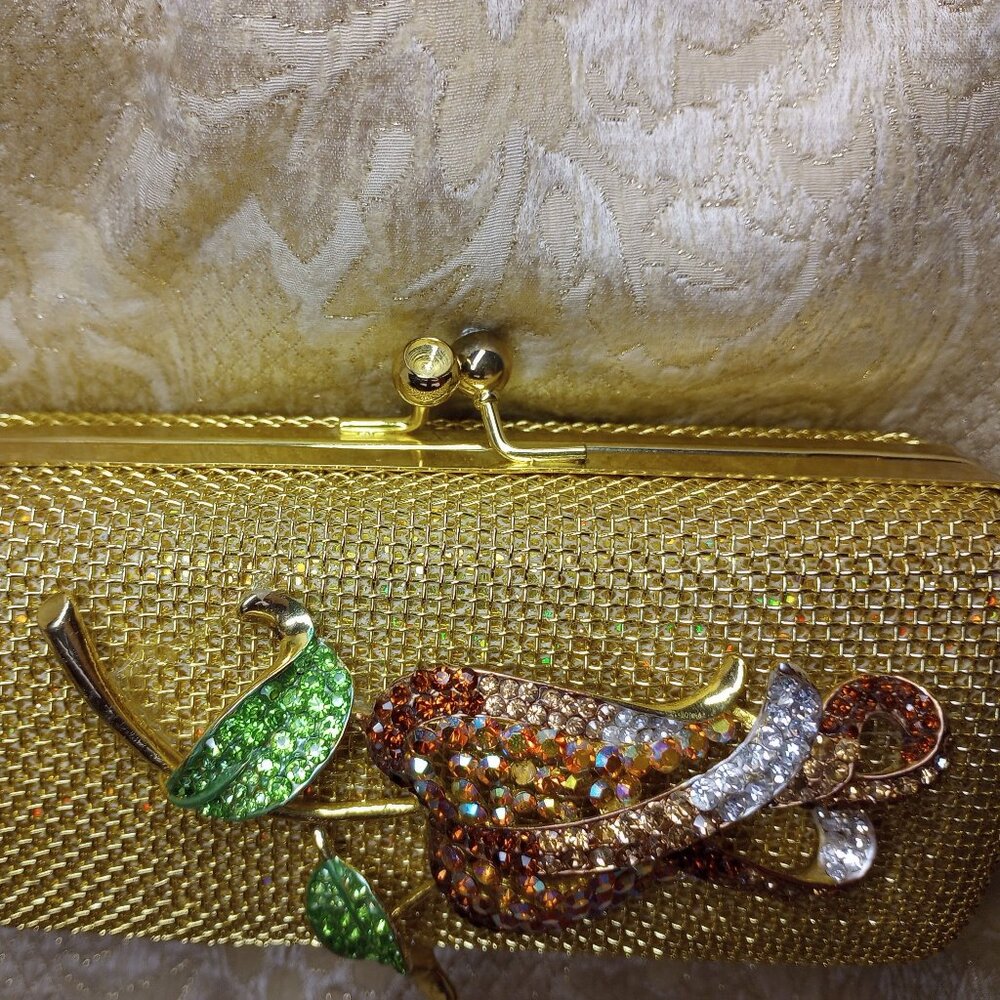 Iris Lane Gold Mesh  Clutch Rhinestone flower